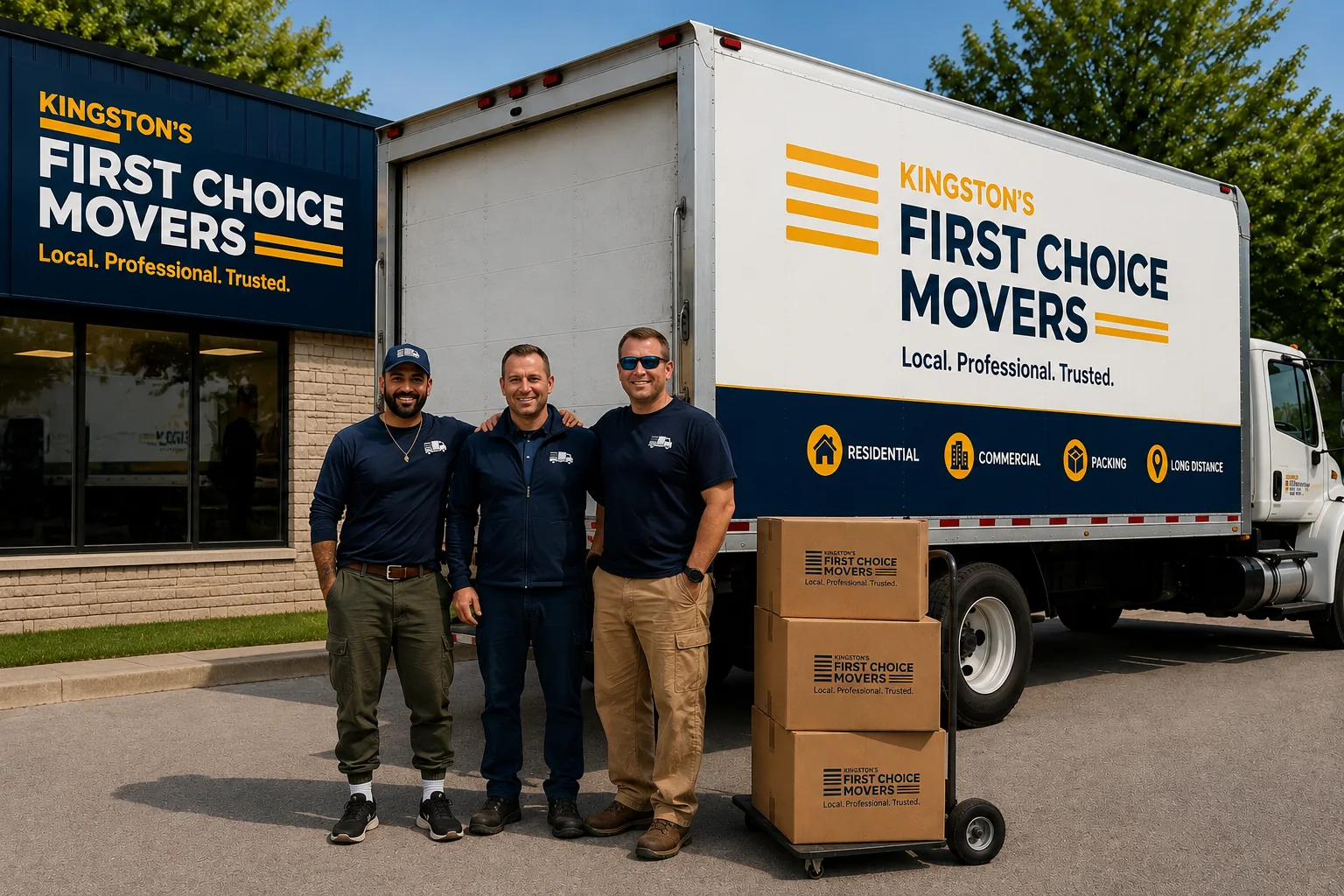 Smiling moving crew standing beside a branded truck