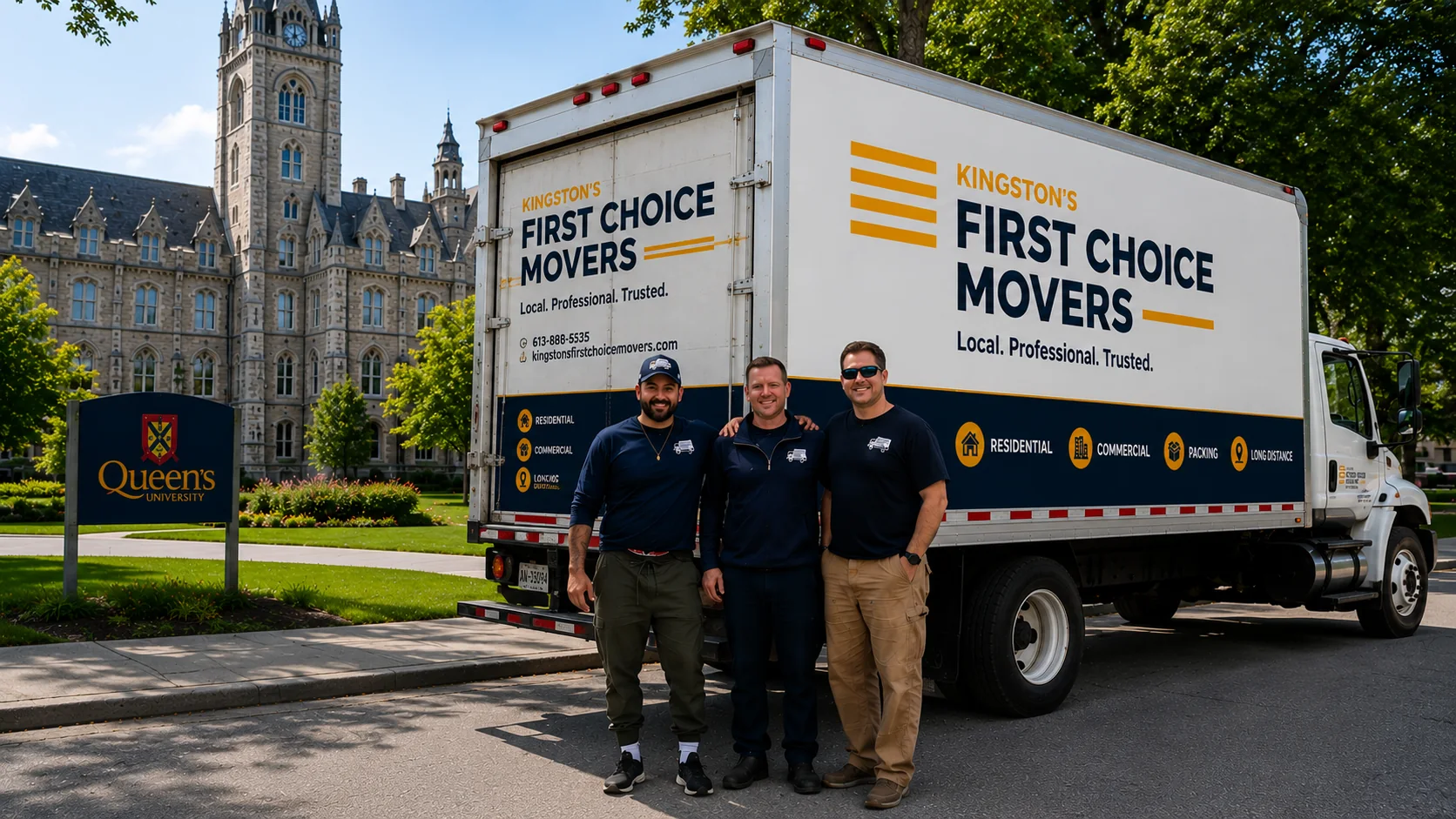 Moving crew standing beside a branded truck near Queen's University
